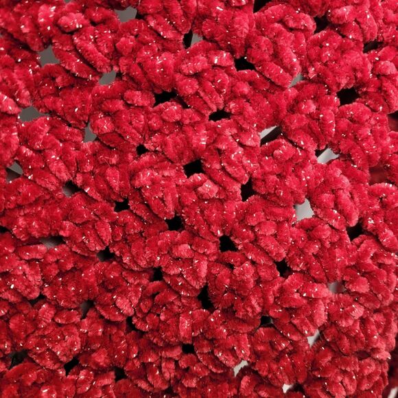 Handmade Red Velvety Smooth Sparkle Crochet Scarf Shawl with Fringe Open Weave - Picture 6 of 9